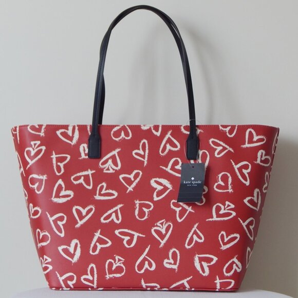 Kate Spade Margareta Shore Street Lipstick Hearts Large Top Zip Tote Bag Red NWT - Picture 4 of 10
